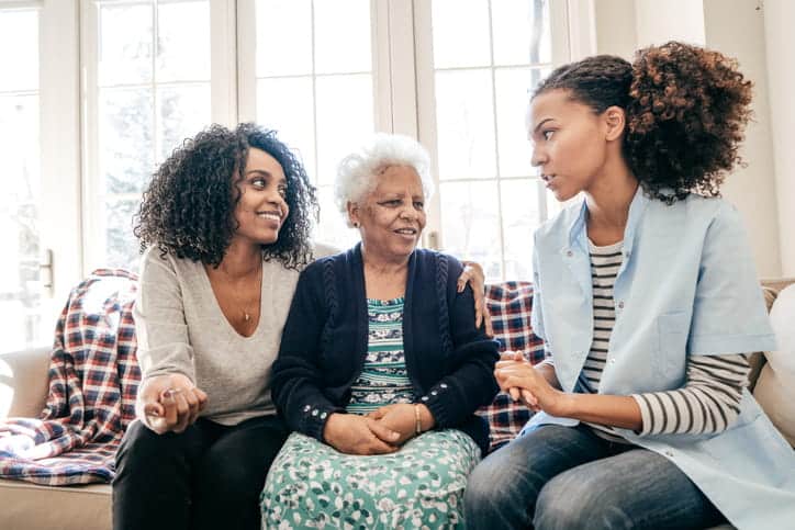 Two Women Support Their Grandmother By Visiting Her In A Skilled Nursing Facility.